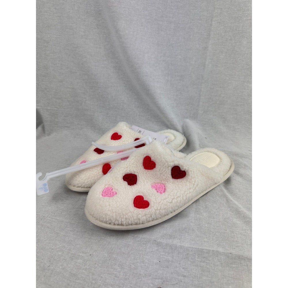 Auden Womens Faux Fur Heart Slippers Cream Red Pink Size L 9/10 New